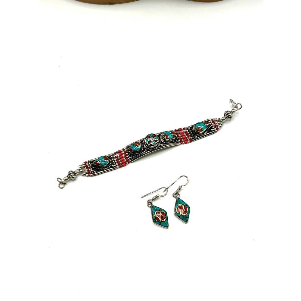 Turquoise & Coral Bracelet & Earring Set – Tibetan Silver – Boho Jewelry